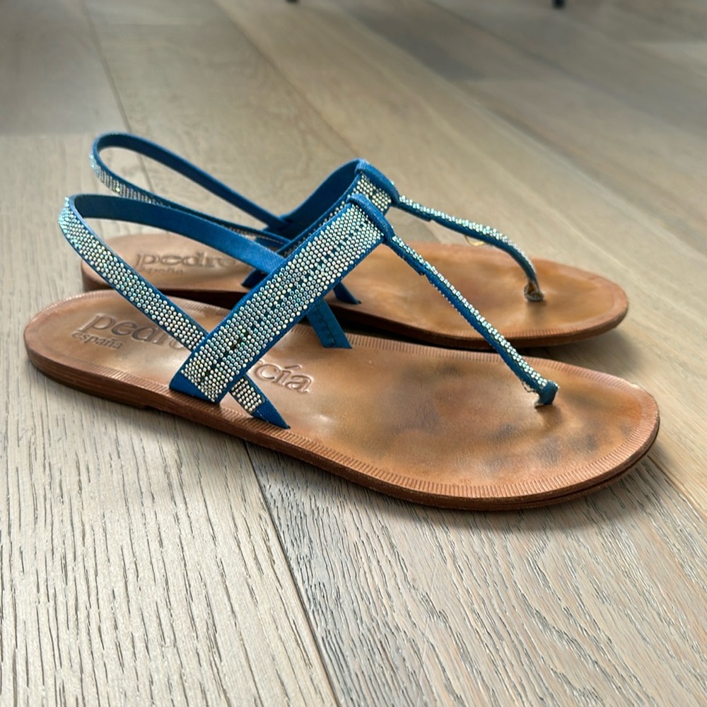 PEDRO GARCIA blue Zulimar Swarovski Crystal sandals sling back tstrap thong 39.5